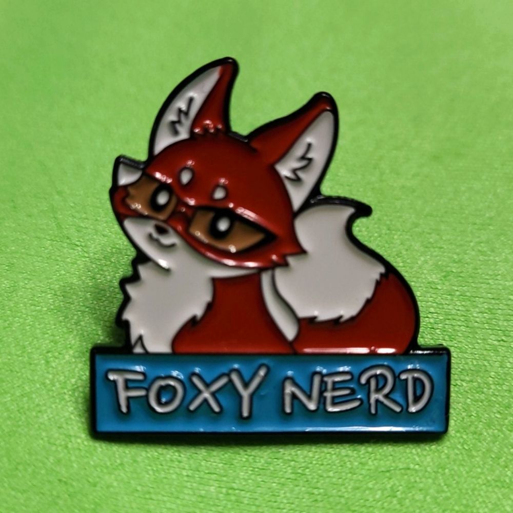 Pin: Foxy Nerd, black enamel pin, fox